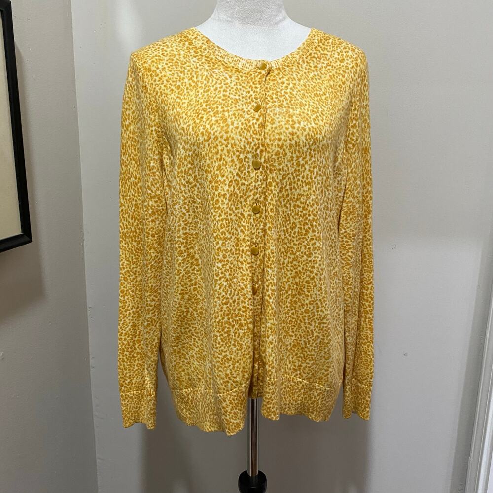 Talbots Animal Print Cardigan Sweater Plus Size 1X Gold and White Button Front
